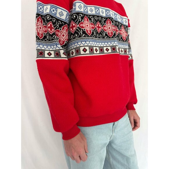 90s vintage red nordic aztec print unisex mens cozy fleece knit pullover sweater - Picture 8 of 10